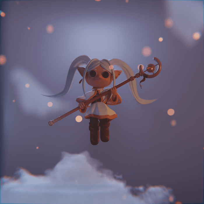 A pint-size mage adrift above the clouds, staff lit and twin-tails caught mid-float