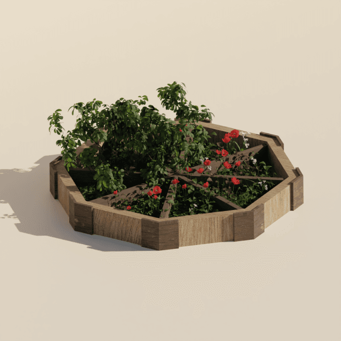 A hexagonal raised planter, poppies and greenery packed into its wedges