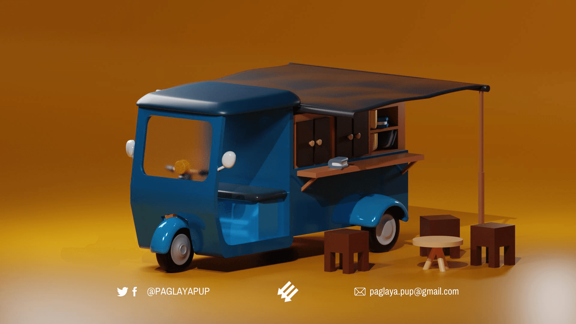 A cobalt tuk-tuk food truck parked with its awning out and stools set