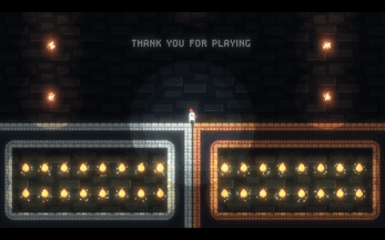 Birdio end screen reading thank you for playing, framed by torches